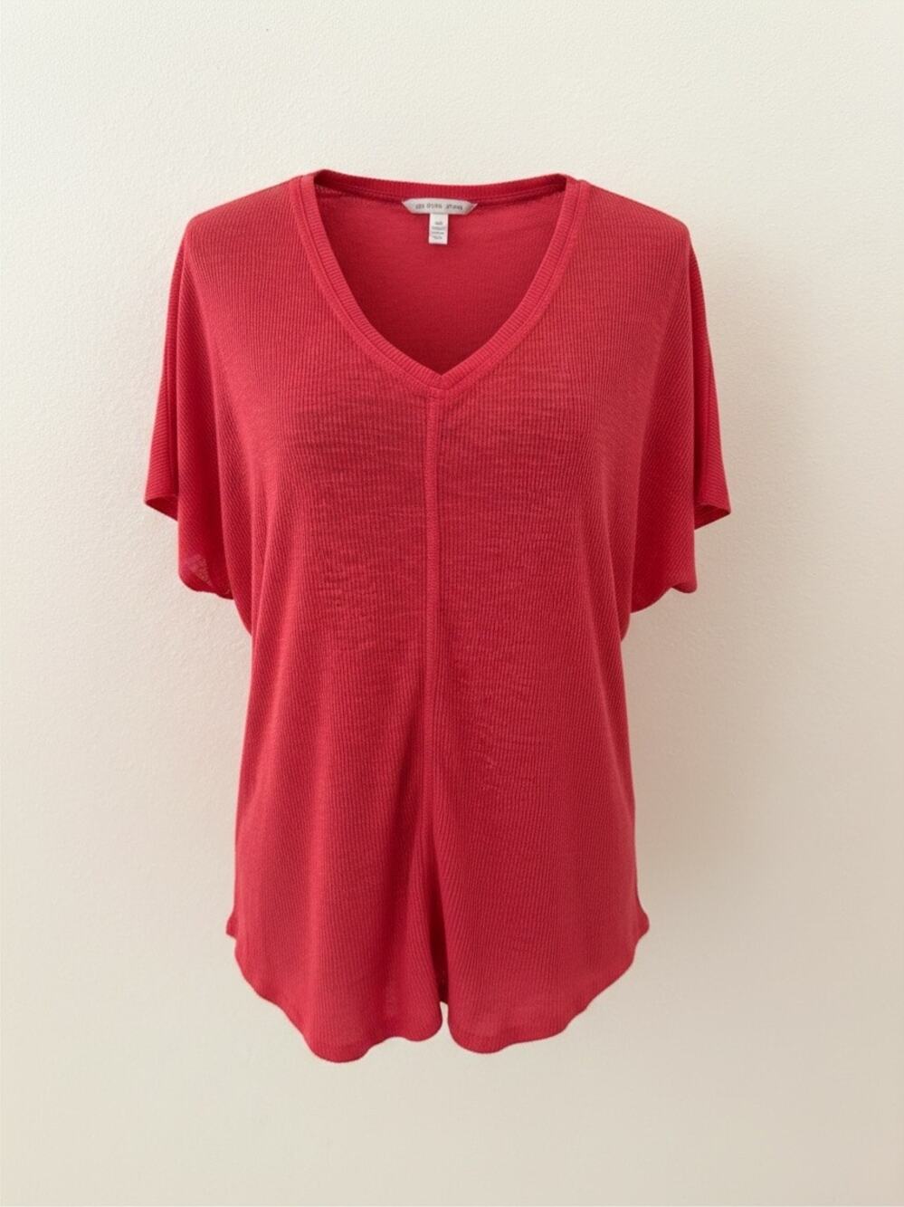 New York & Company Women Coral V-Neck Ribbed Relaxed Fit Shirt Size S-NWOT